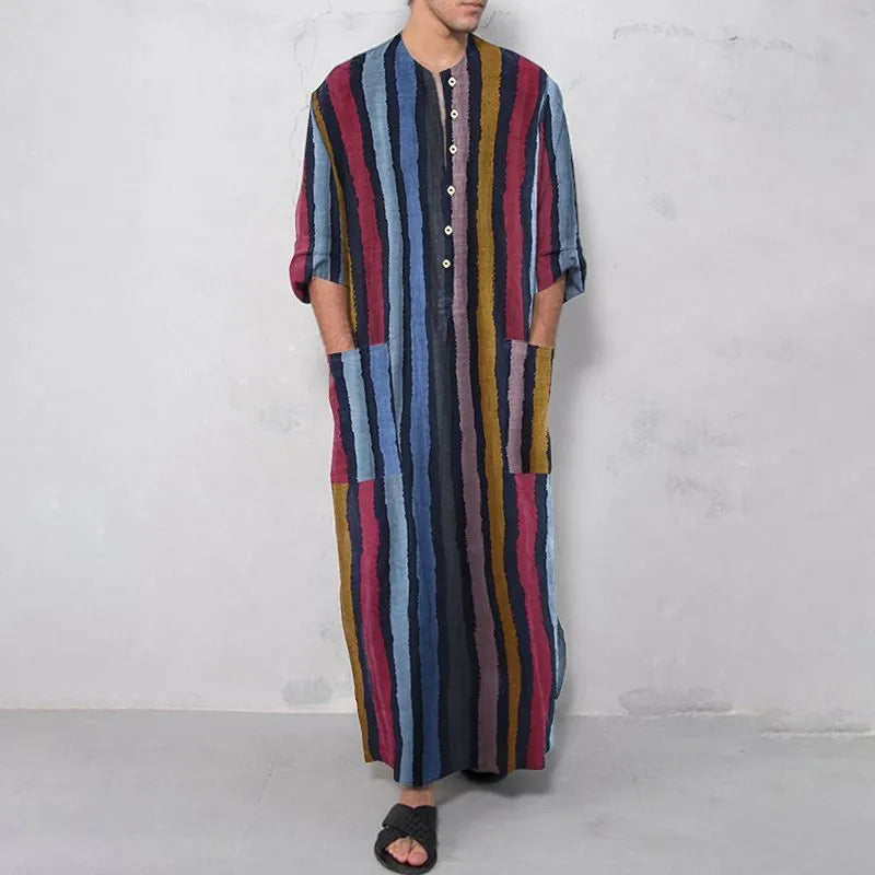 Men's cotton Arab robe in red or yellow with retro striped print, long sleeve, sizes S to 3XL