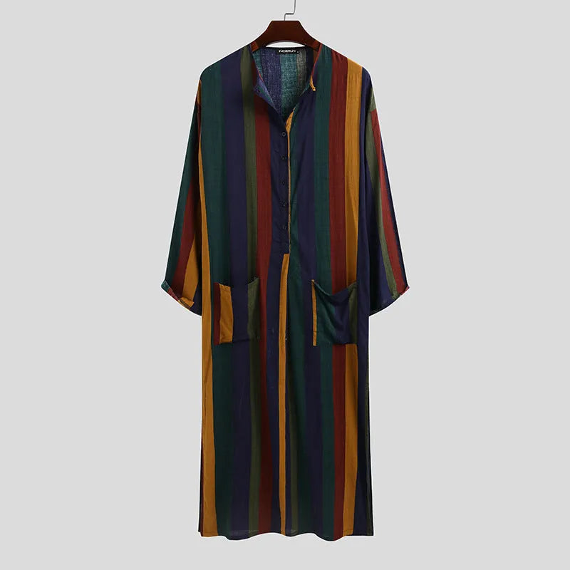 Men's cotton Arab robe in red or yellow with retro striped print, long sleeve, sizes S to 3XL