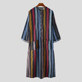 Men's cotton Arab robe in red or yellow with retro striped print, long sleeve, sizes S to 3XL