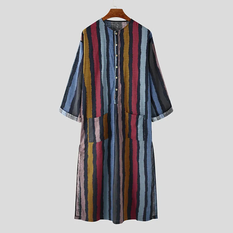 Men's cotton Arab robe in red or yellow with retro striped print, long sleeve, sizes S to 3XL