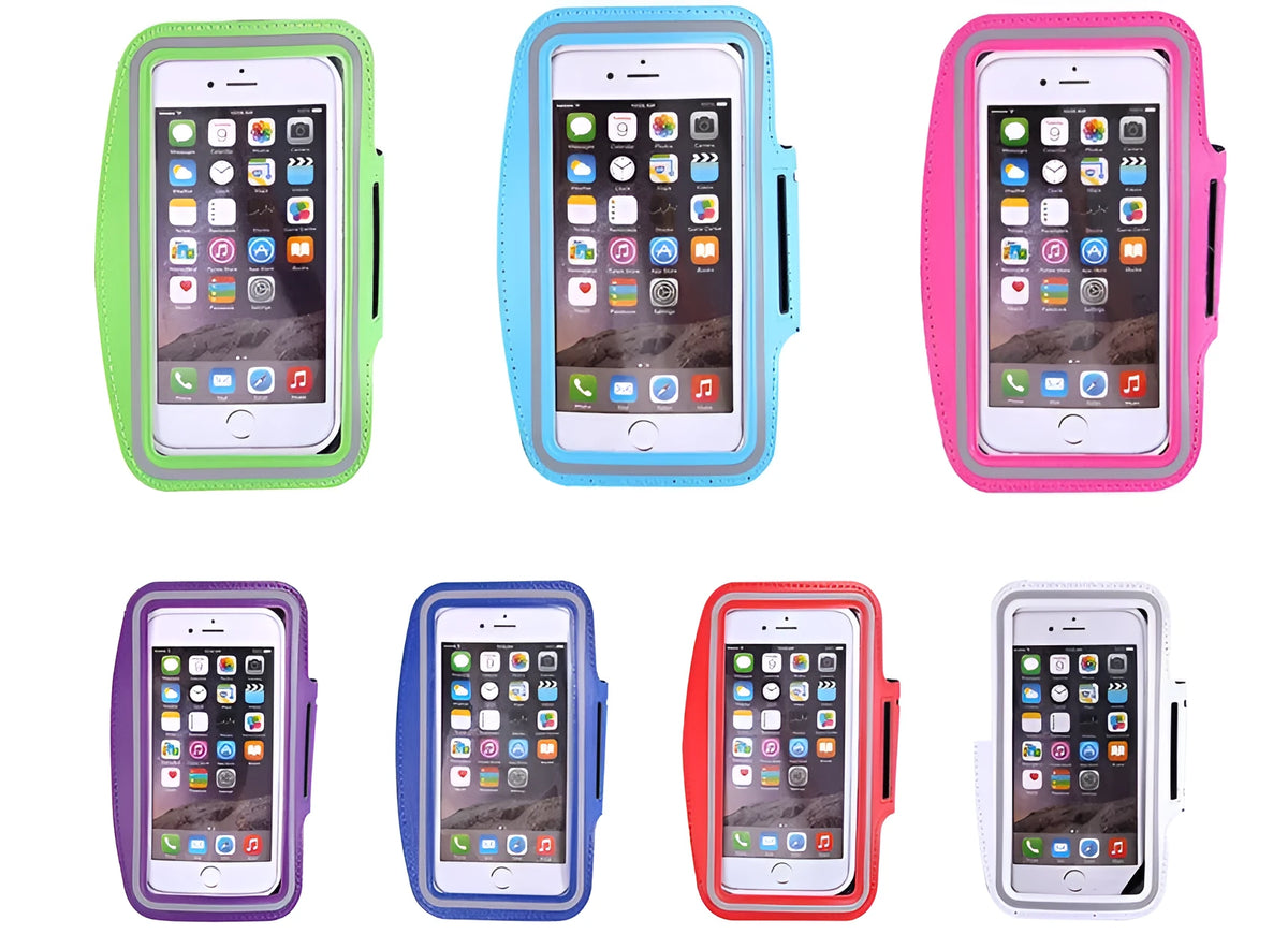 Waterproof running armband for iPhone 6, 7, 6s Plus and 7 Plus in neoprene with reflective material.