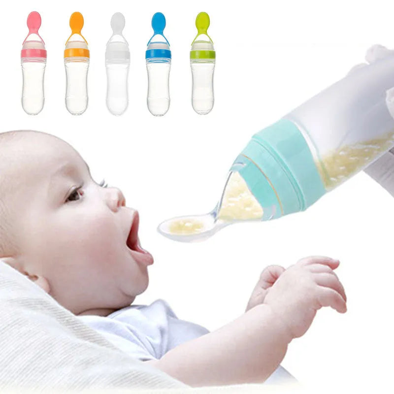 Baby feeding bottle spoon in silicone, 90ml, available in white and pink, with round bottom style