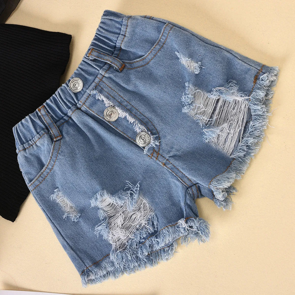 Children's black striped top with mesh sleeves and ripped denim shorts two-piece suit