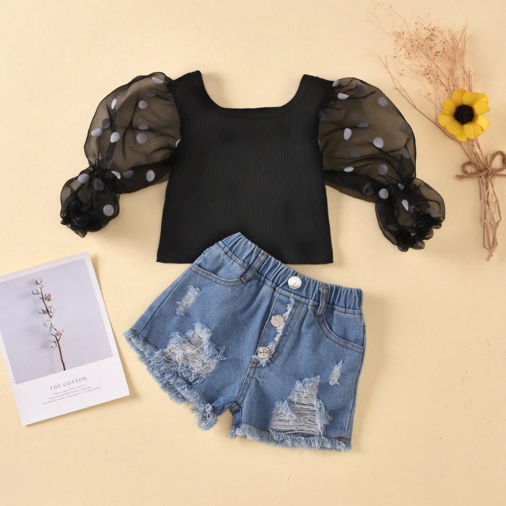 Children's black striped top with mesh sleeves and ripped denim shorts two-piece suit