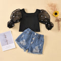 Children's black striped top with mesh sleeves and ripped denim shorts two-piece suit