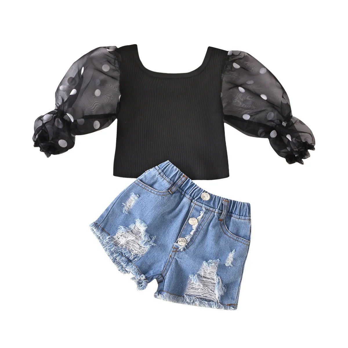Children's black striped top with mesh sleeves and ripped denim shorts two-piece suit