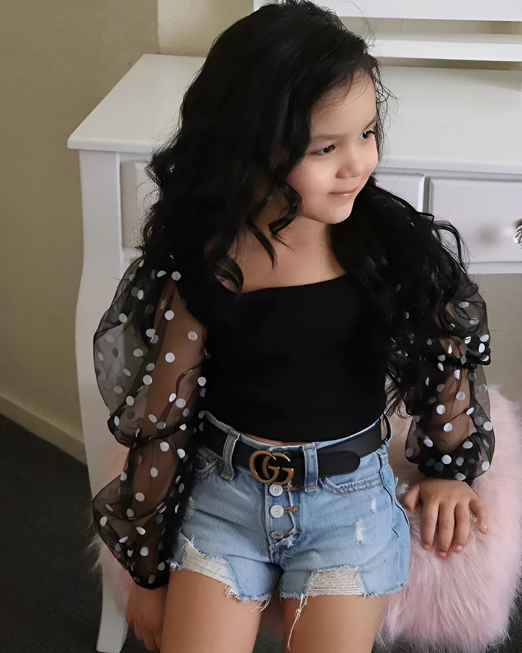 Children's black striped top with mesh sleeves and ripped denim shorts two-piece suit