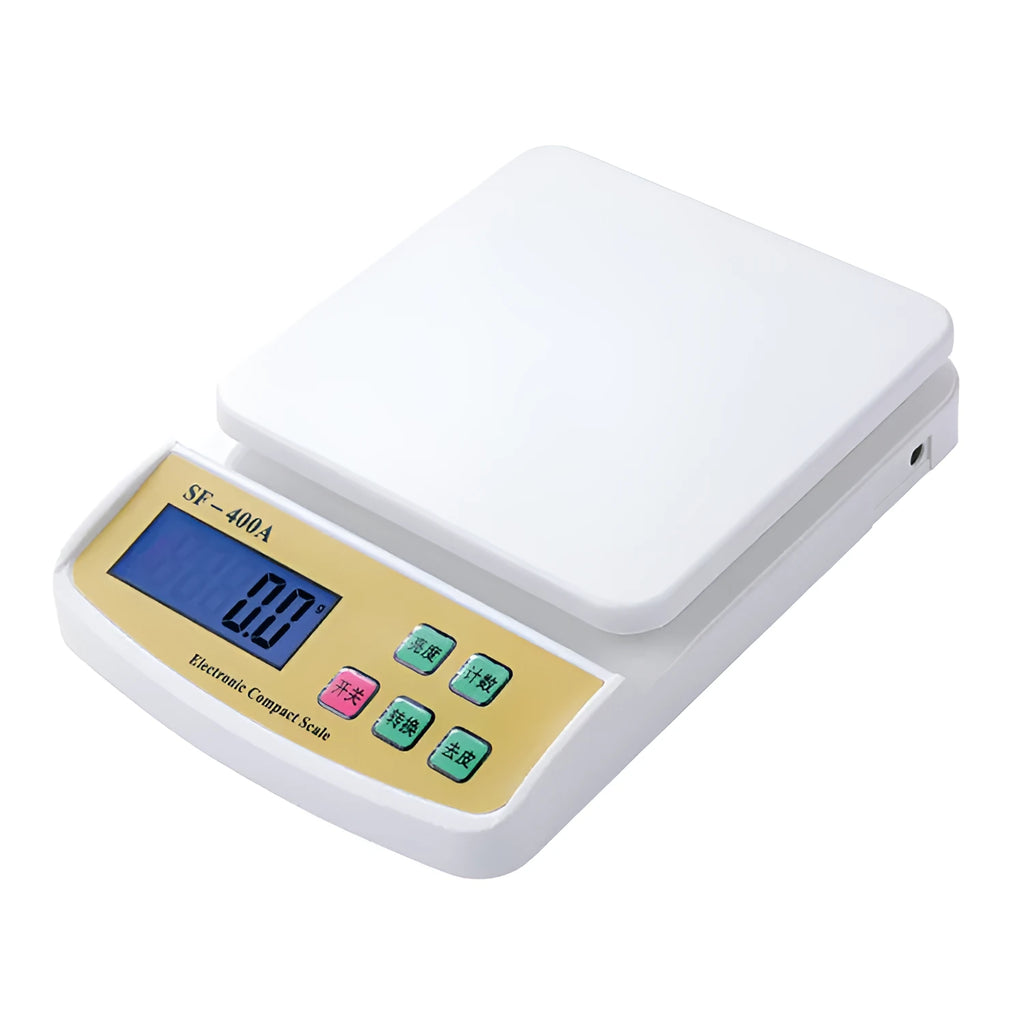 SF-400A black electronic digital kitchen scale with LCD display on a kitchen counter.