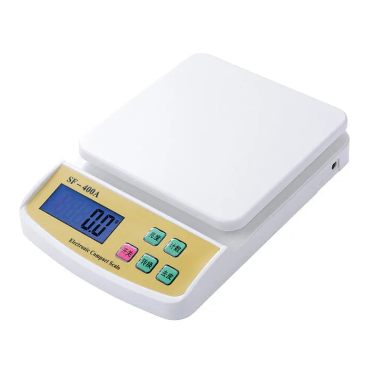SF-400A black electronic digital kitchen scale with LCD display on a kitchen counter.