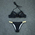 Bronzing fabric nylon split bikini swimsuit for women in solid colour with open back and high elasticity