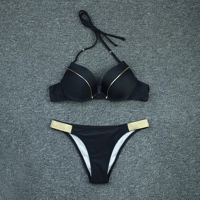 Bronzing fabric nylon split bikini swimsuit for women in solid colour with open back and high elasticity