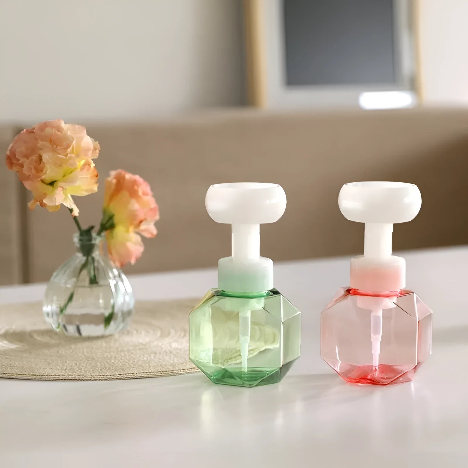Flower foam bottle in pink, green, blue, and yellow colours for sensory bubble play