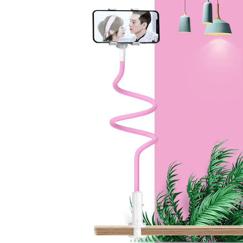 Blue mobile phone holder with memory alloy hose attached to bed frame holding phone