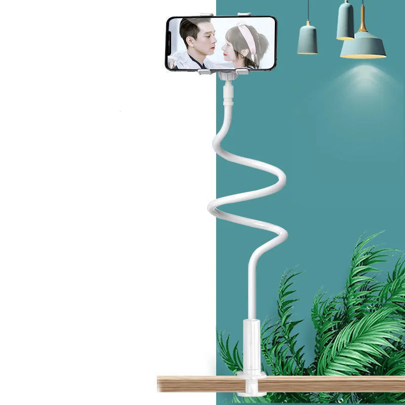 Blue mobile phone holder with memory alloy hose attached to bed frame holding phone