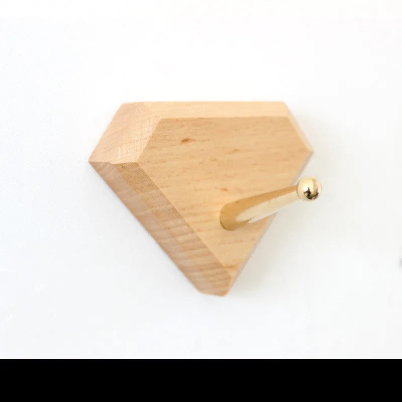 Beech wood brass wall hook with adhesive-free mounting system in multiple shapes