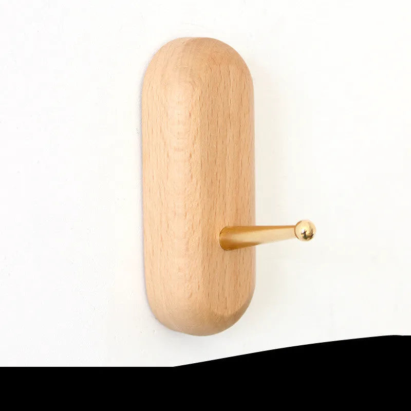 Beech wood brass wall hook with adhesive-free mounting system in multiple shapes