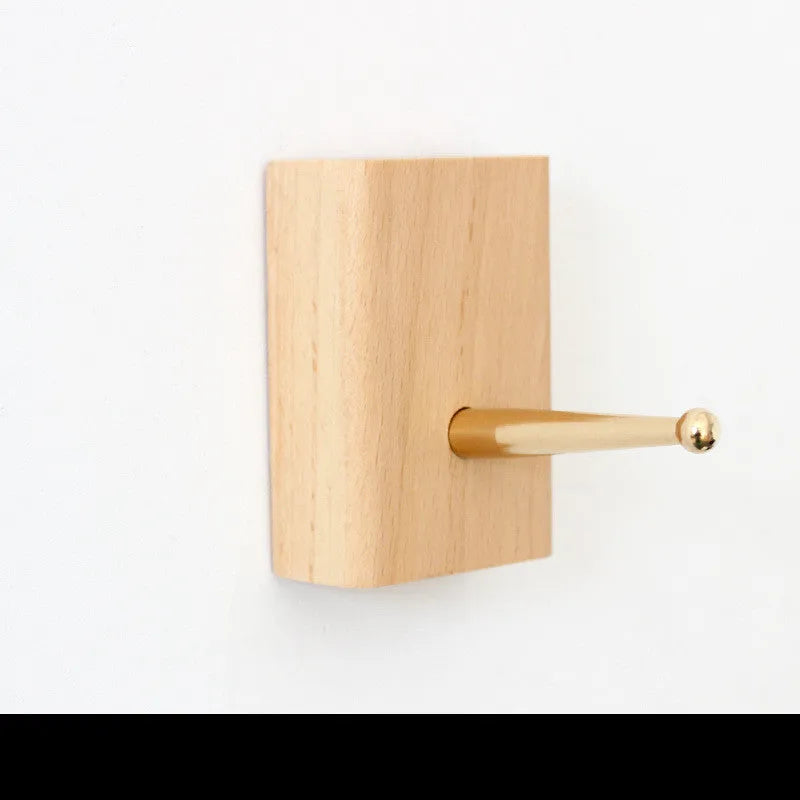 Beech wood brass wall hook with adhesive-free mounting system in multiple shapes
