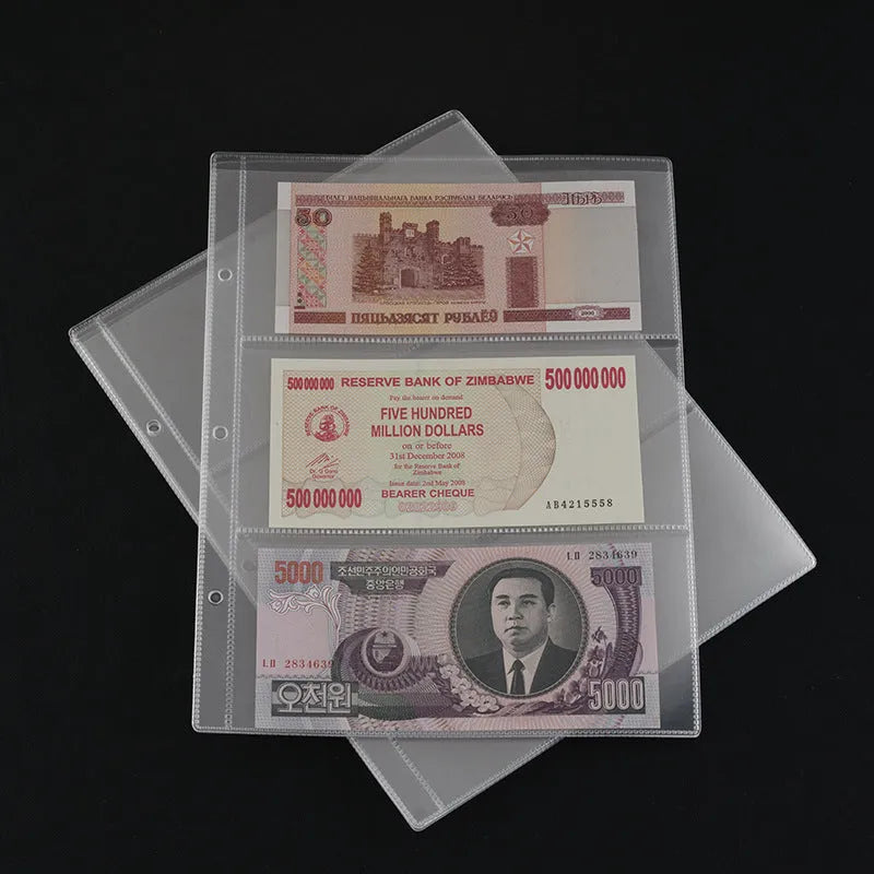 Transparent PVC coin collection loose leaf pages measuring 252mm by 200mm