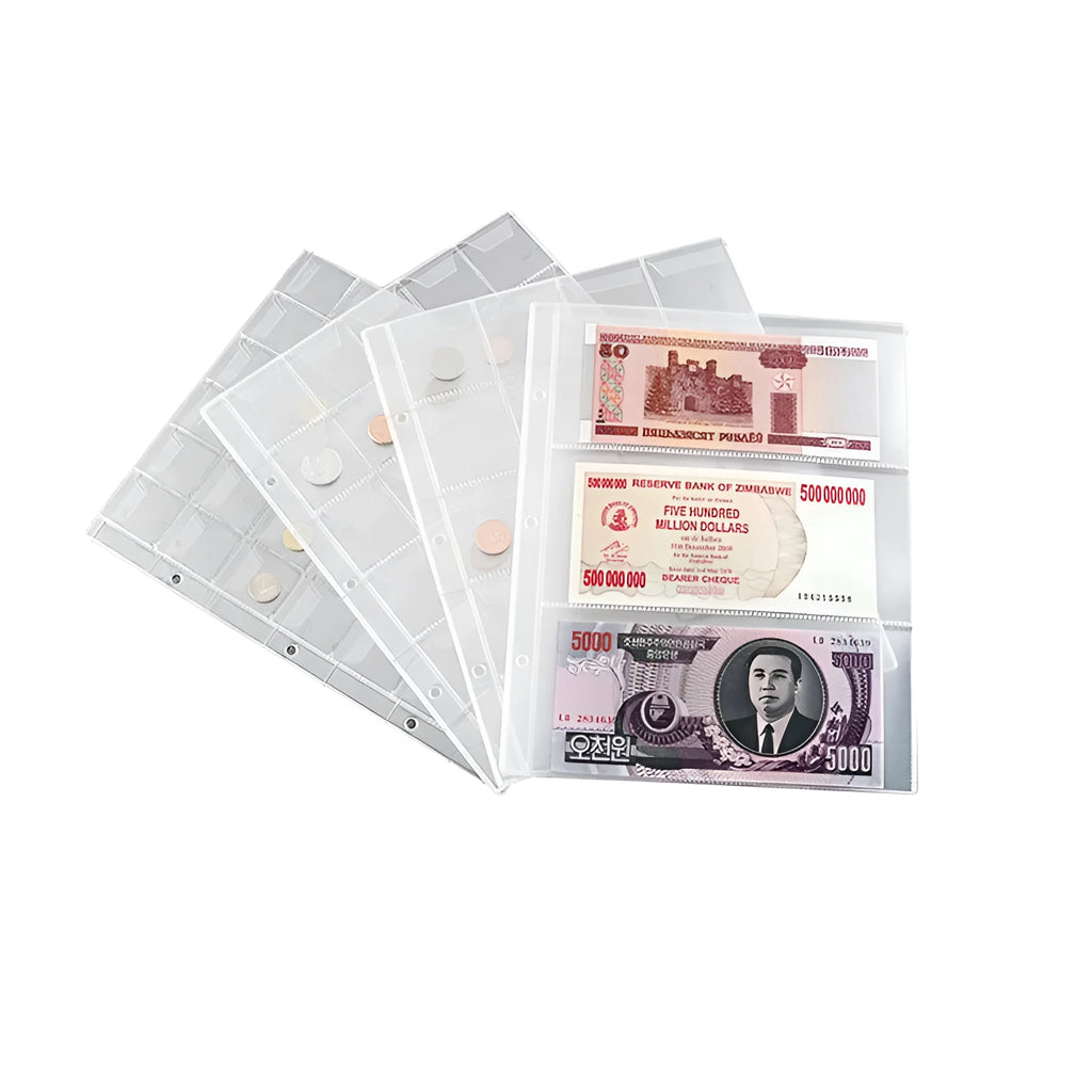 Transparent PVC coin collection loose leaf pages measuring 252mm by 200mm