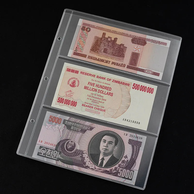 Transparent PVC coin collection loose leaf pages measuring 252mm by 200mm