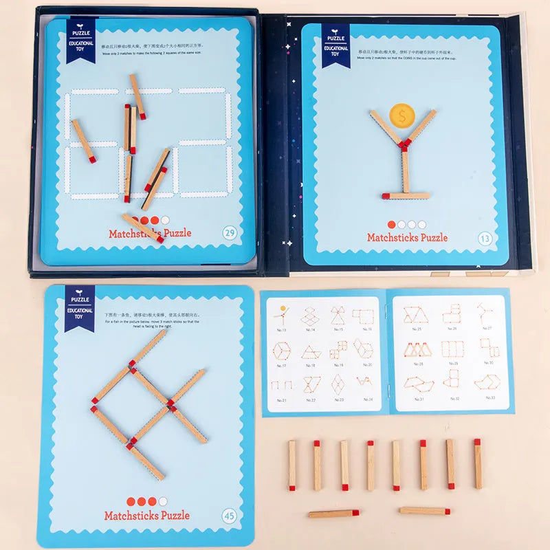 Montessori wooden thinking match educational toy with question cards and matches for children.