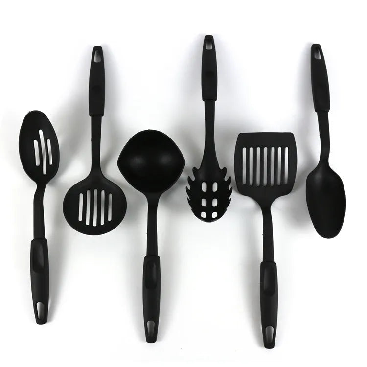 Black rubber kitchen utensil set with shovel spoon for non-stick pans