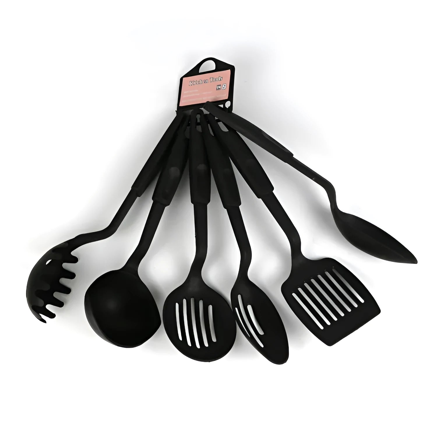 Black rubber kitchen utensil set with shovel spoon for non-stick pans