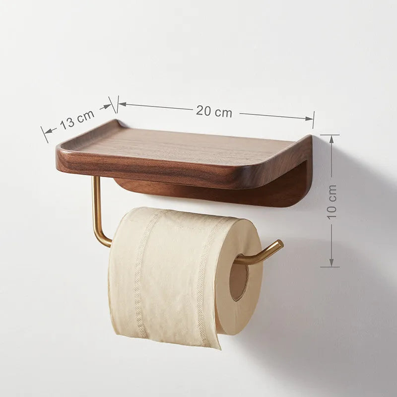 Solid walnut wood and brass wall-mounted paper towel and toilet roll holder