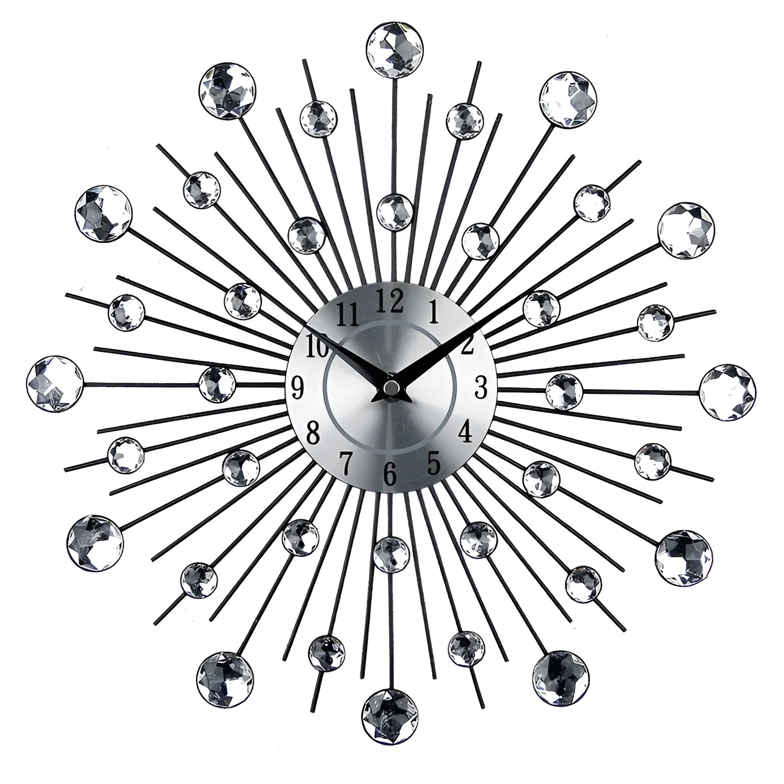 Silver round wall clock with 33cm diameter aluminium dial and numbered markers