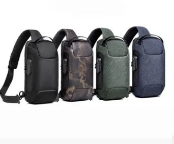 Men's medium canvas chest shoulder bag in five colour options showing zipper and internal pockets