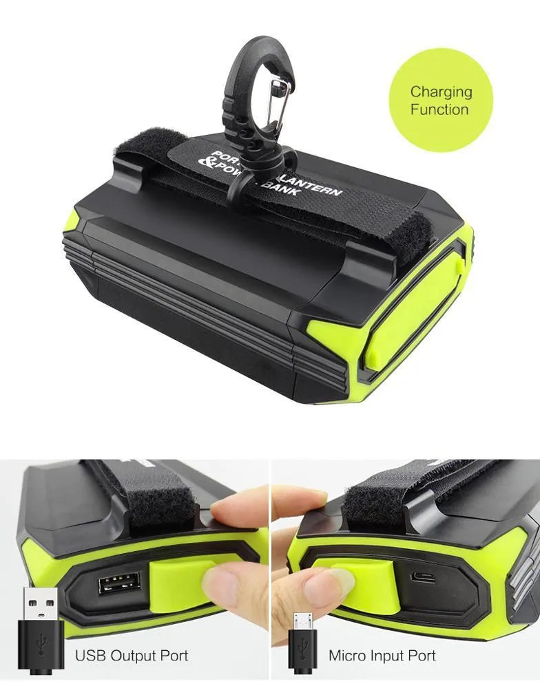 Green rechargeable camping light with USB power bank function and adjustable brightness