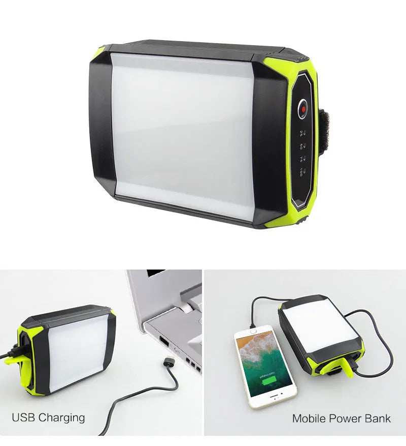 Green rechargeable camping light with USB power bank function and adjustable brightness