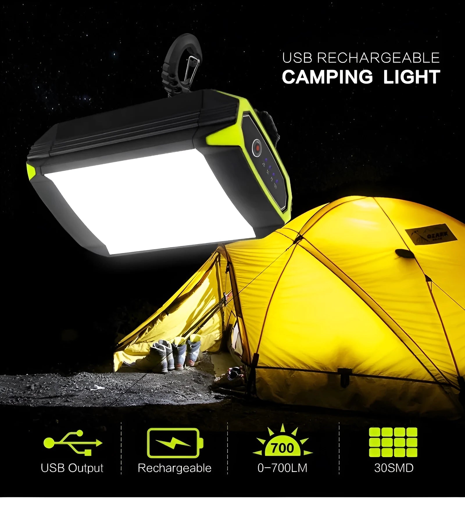 Green rechargeable camping light with USB power bank function and adjustable brightness