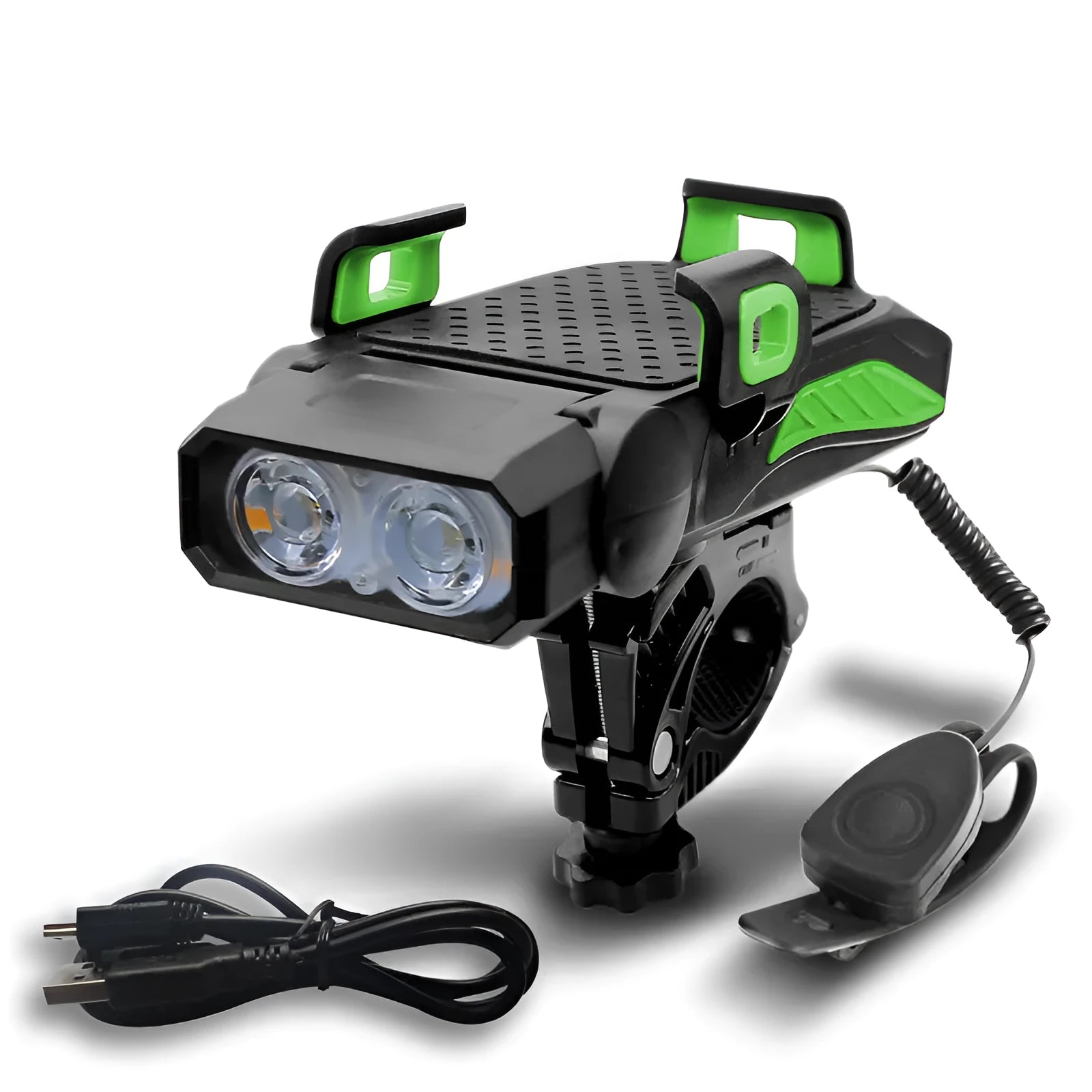 Rechargeable bicycle light mounted on handlebars showing glare reduction feature