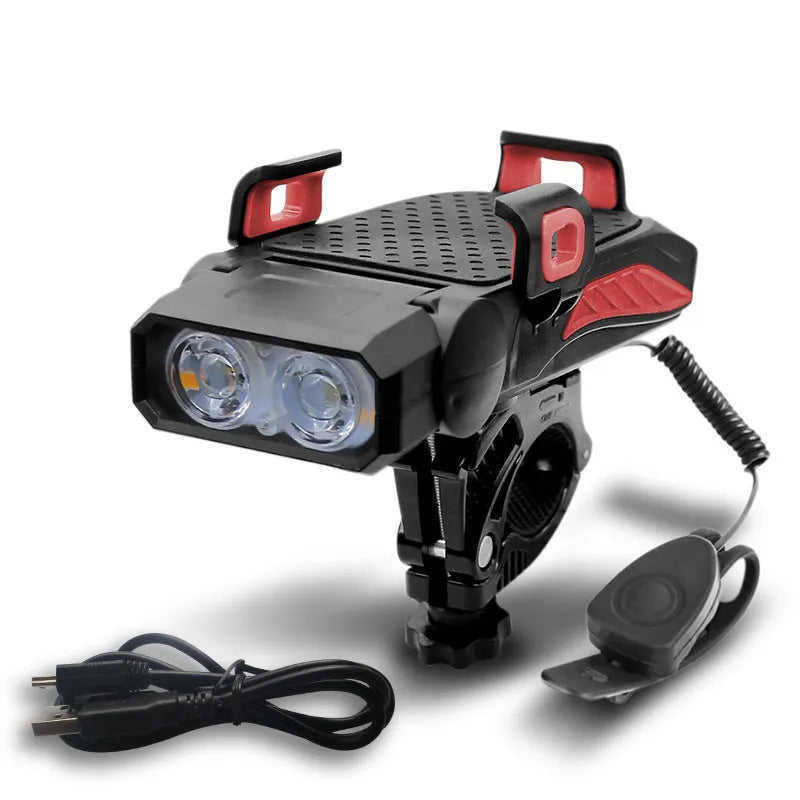 Rechargeable bicycle light mounted on handlebars showing glare reduction feature