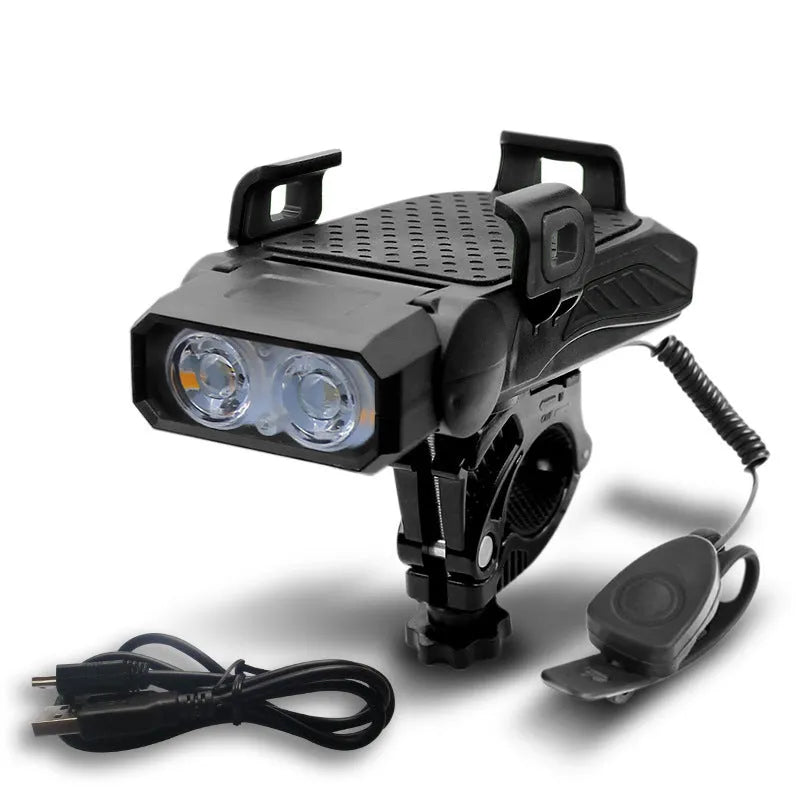 Rechargeable bicycle light mounted on handlebars showing glare reduction feature