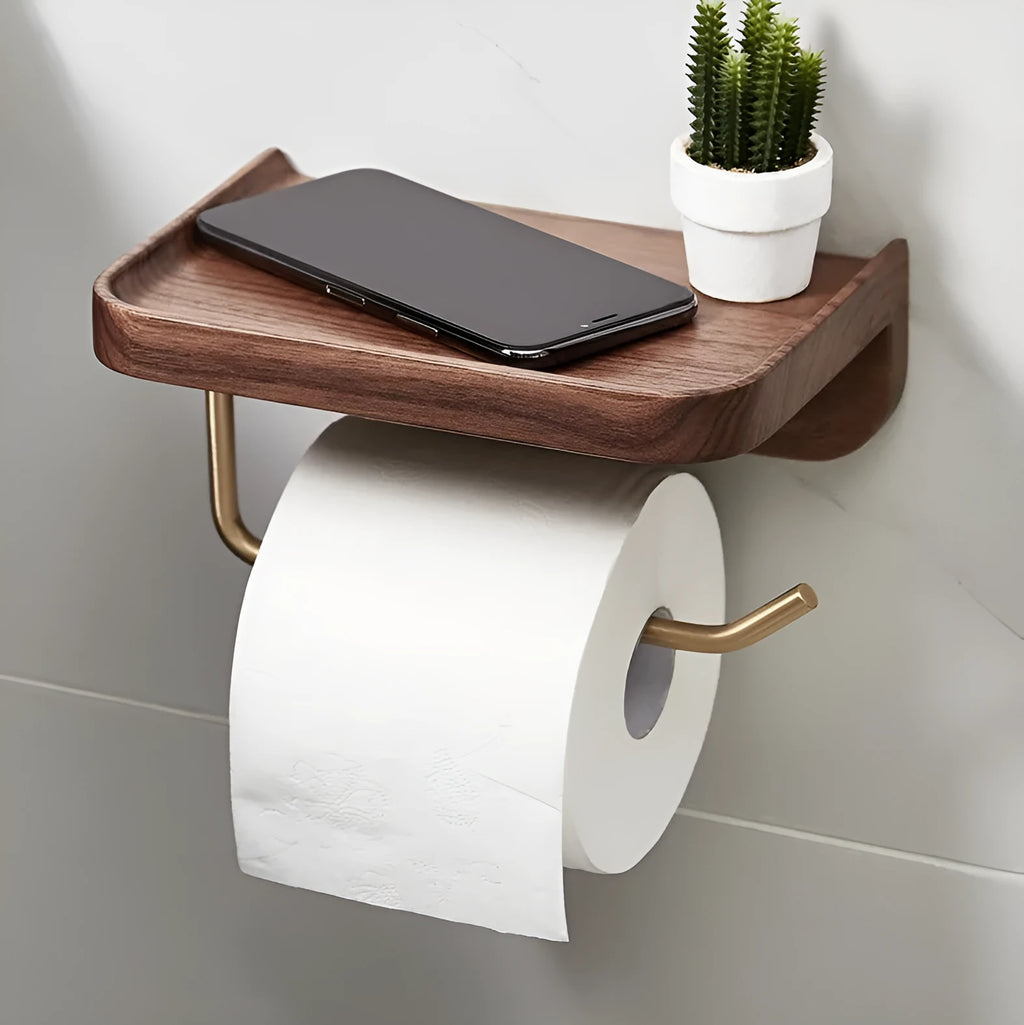 Solid walnut wood and brass wall-mounted paper towel and toilet roll holder