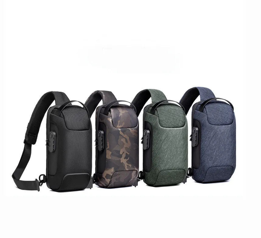 Men's medium canvas chest shoulder bag in five colour options showing zipper and internal pockets