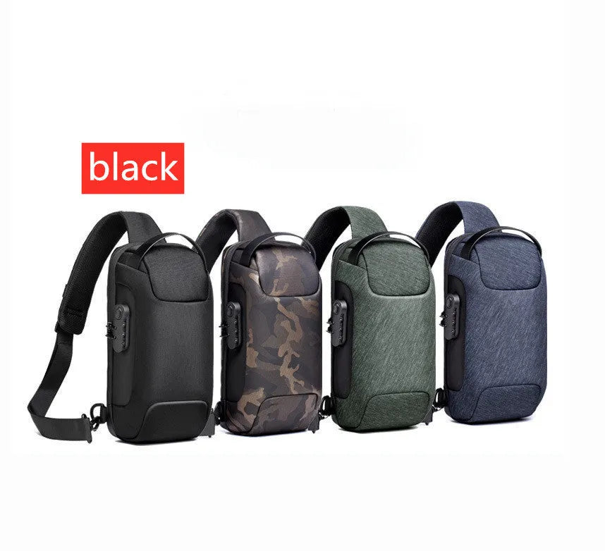Men's medium canvas chest shoulder bag in five colour options showing zipper and internal pockets
