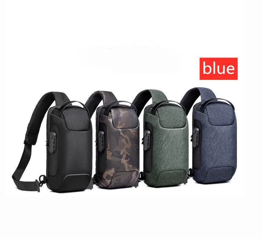 Men's medium canvas chest shoulder bag in five colour options showing zipper and internal pockets