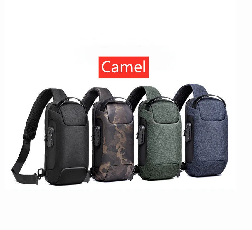 Men's medium canvas chest shoulder bag in five colour options showing zipper and internal pockets