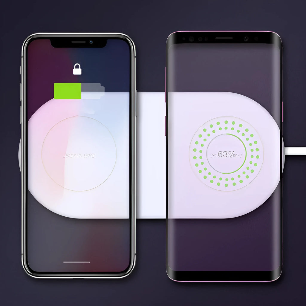 White dual wireless charger charging two mobile phones simultaneously on simple desk