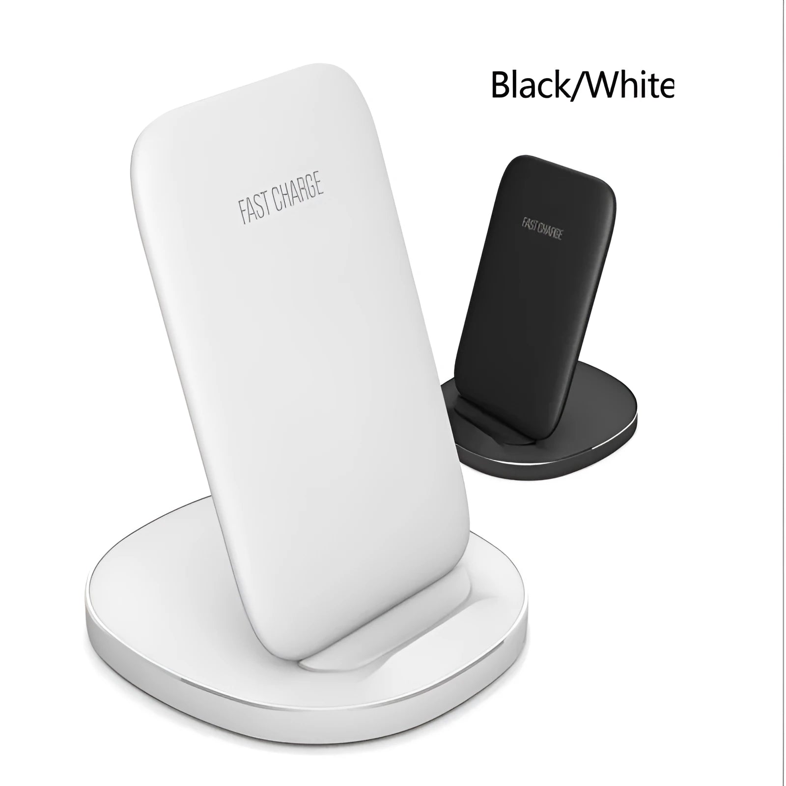 Vertical wireless charging dock in white or black colour on a desk charging a smartphone