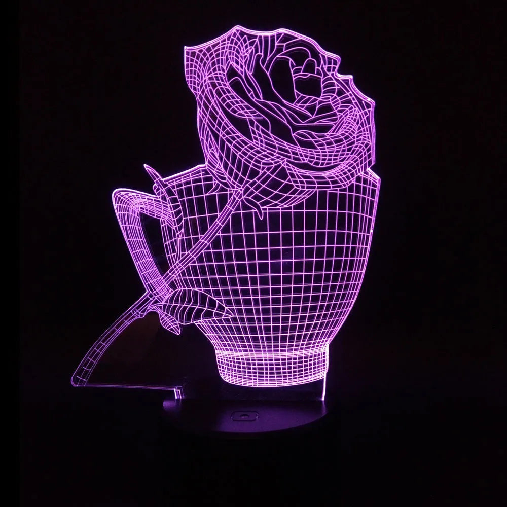 3D rose-shaped LED night light on a black base showing multiple colour options