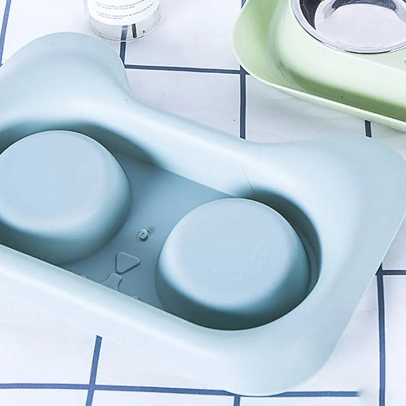 Pet stainless steel drinking and feeding bowl with blue PP tray, 31x21.5x5cm