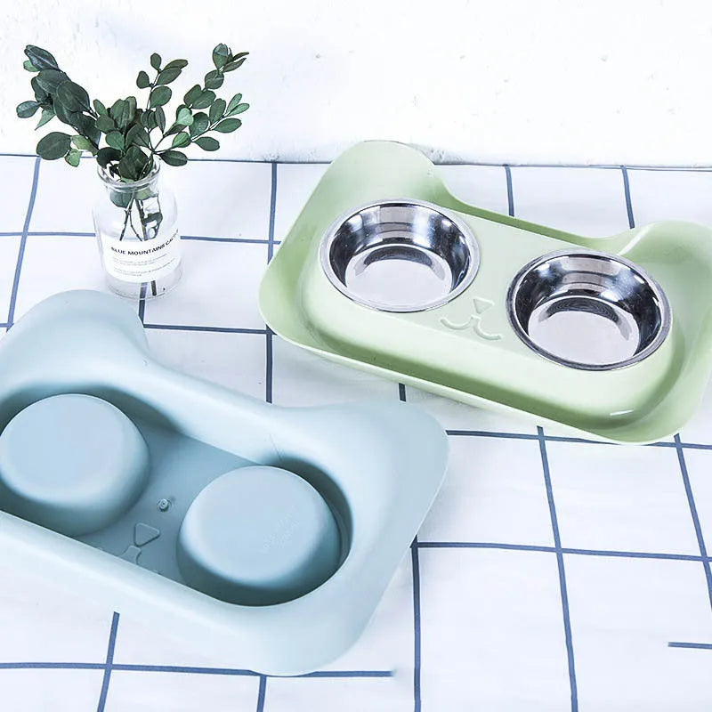 Pet stainless steel drinking and feeding bowl with blue PP tray, 31x21.5x5cm