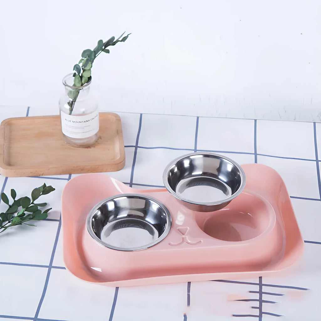 Pet stainless steel drinking and feeding bowl with blue PP tray, 31x21.5x5cm
