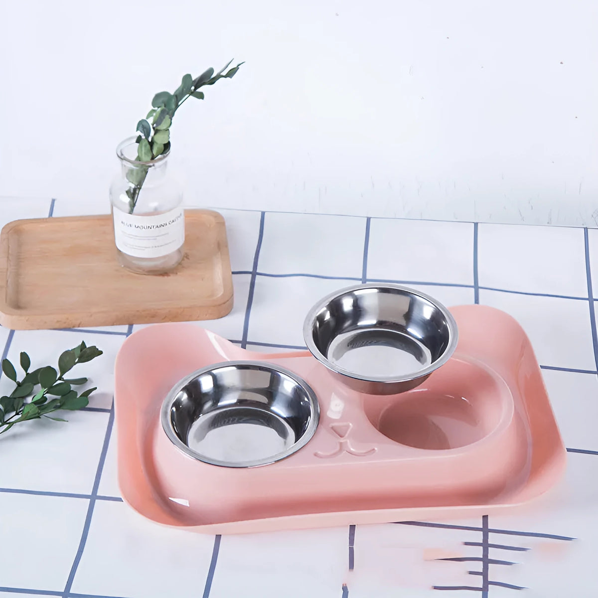 Pet stainless steel drinking and feeding bowl with blue PP tray, 31x21.5x5cm