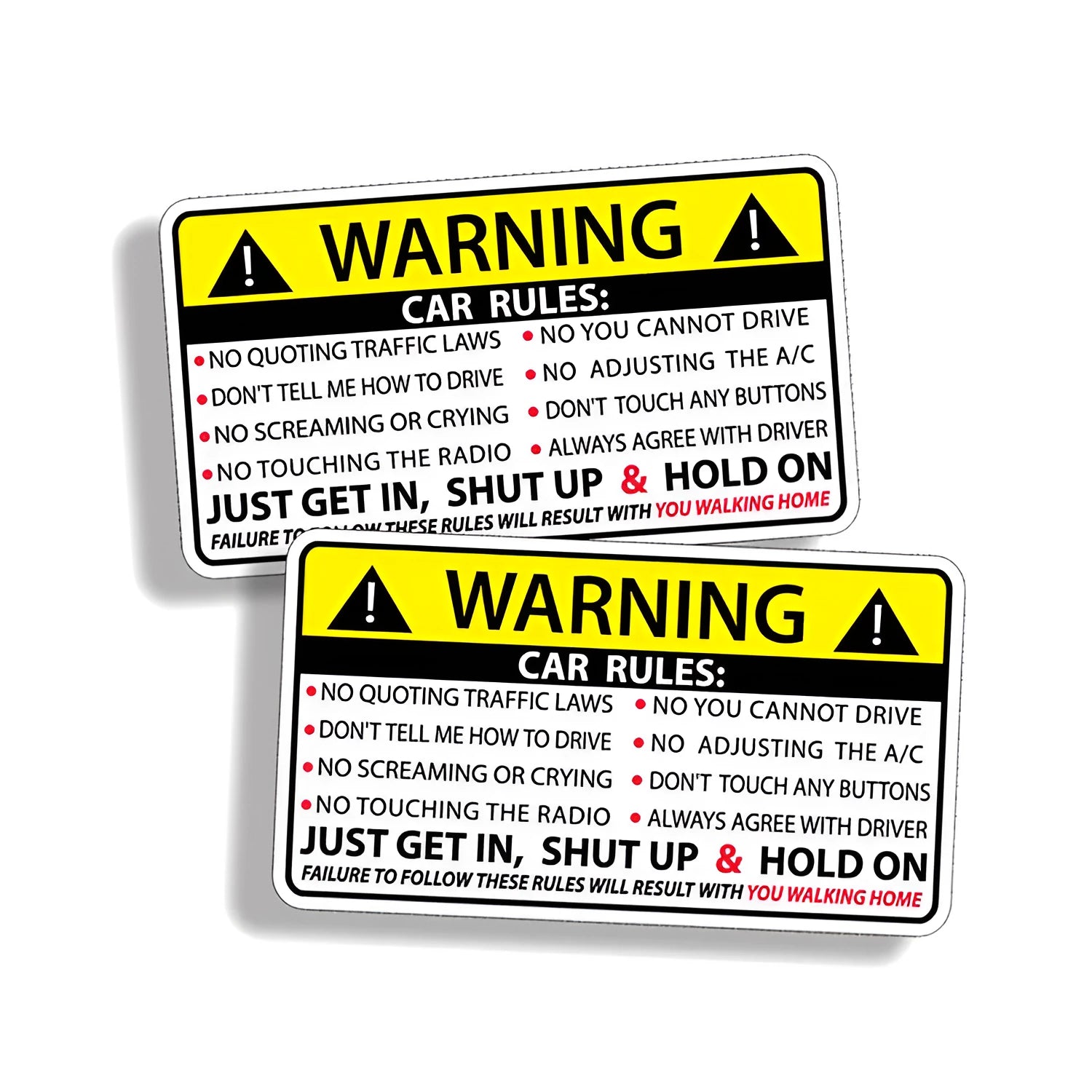 Car safety warning rules sticker 10cm x 6cm with strong adhesion for interior dashboard placement
