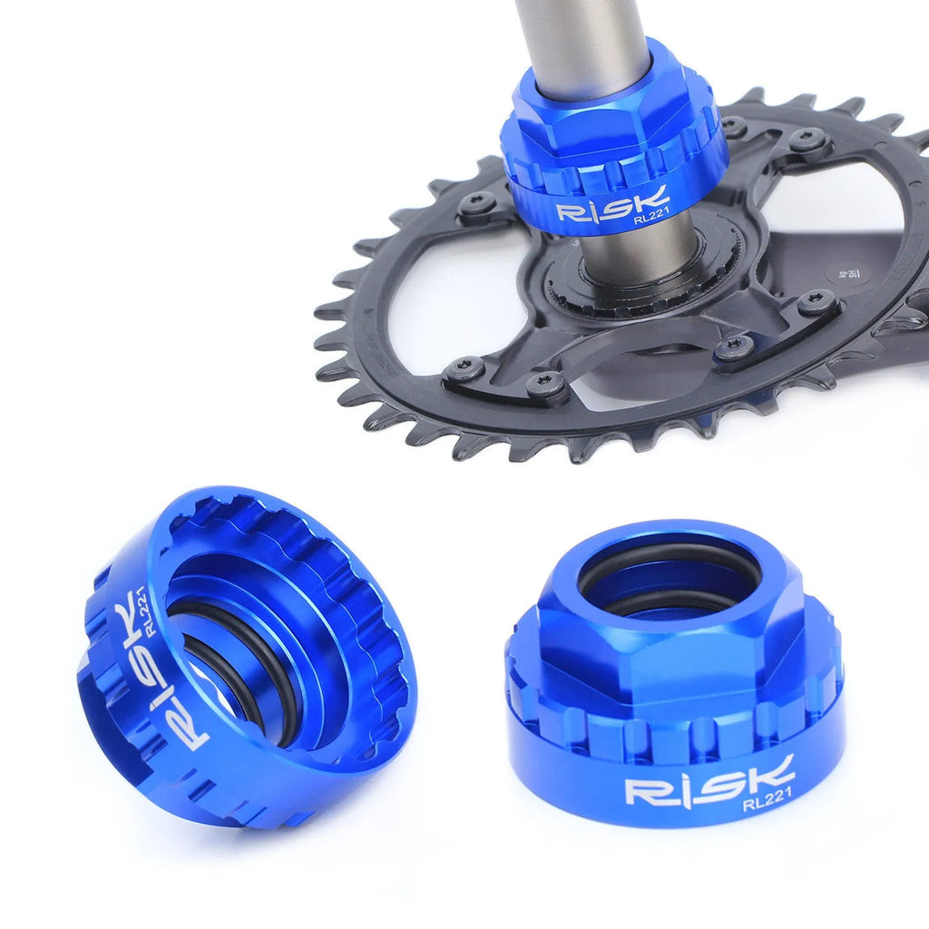 Blue aluminium alloy 12-speed direct mount disc brake removal tool on a workshop bench